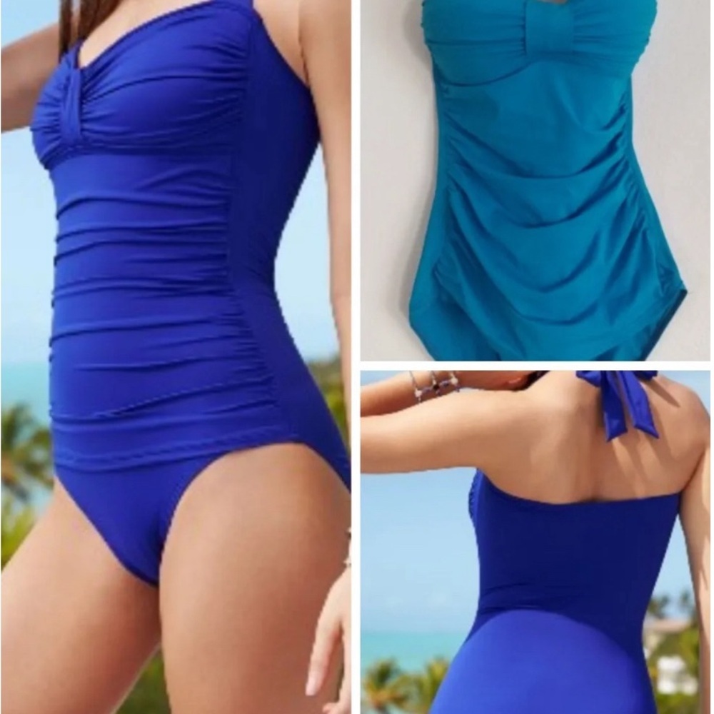 Tommy Bahama Ruched Halter-Top 4 Tummy Control Cobalt Blue One-Piece Swimsuit